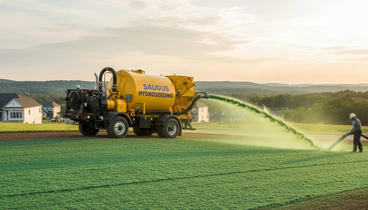 Hydroseeding truck covering a large field at sunset