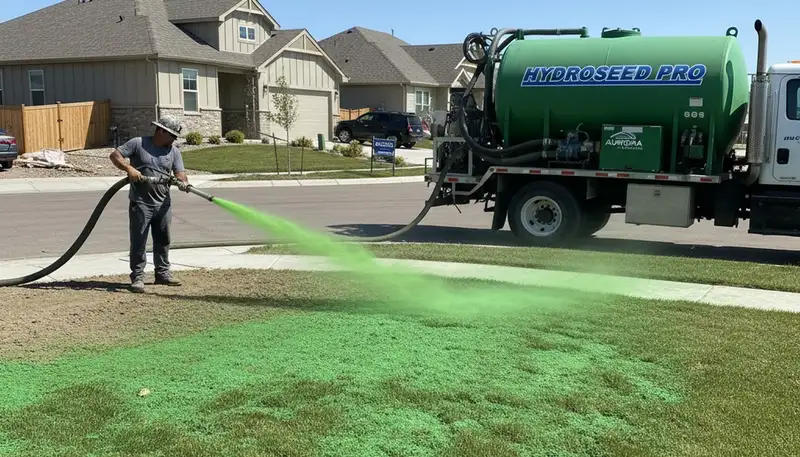 Crew hydroseeding a residential yard