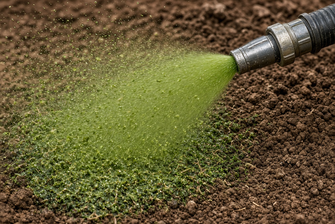 Close-up of green hydroseed slurry hitting prepared soil